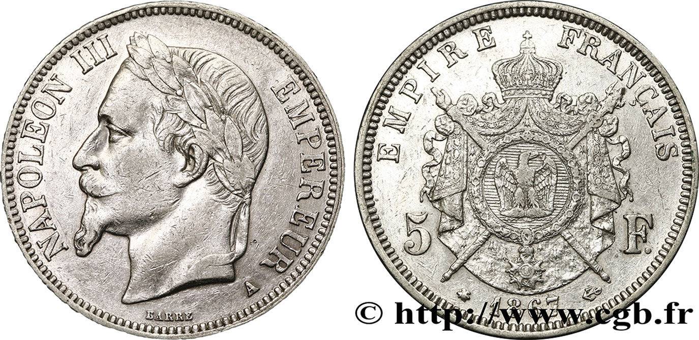 5 francs Napoléon III, tête laurée 1867 Paris F.331/10 MBC 