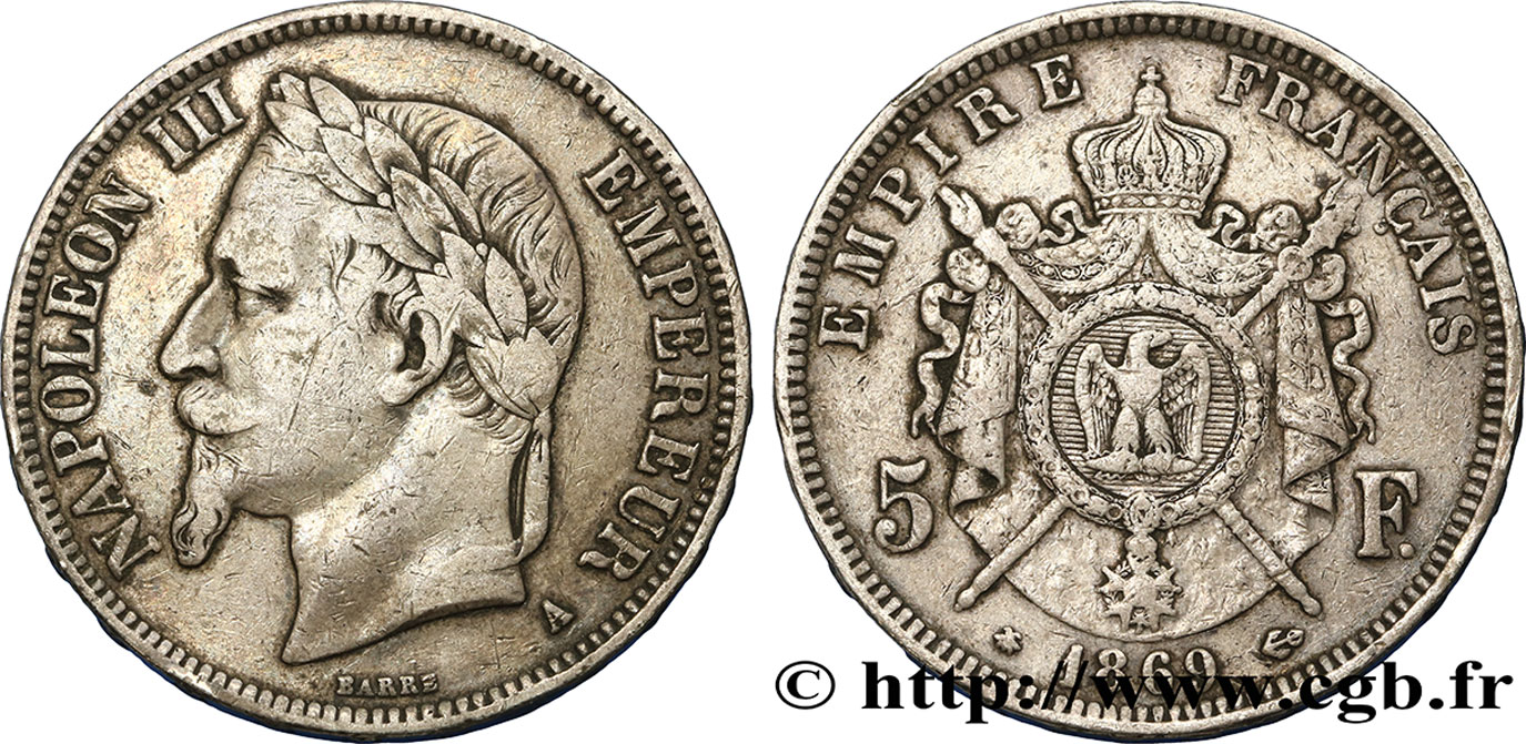 5 francs Napoléon III, tête laurée 1869 Paris F.331/14 TB30 