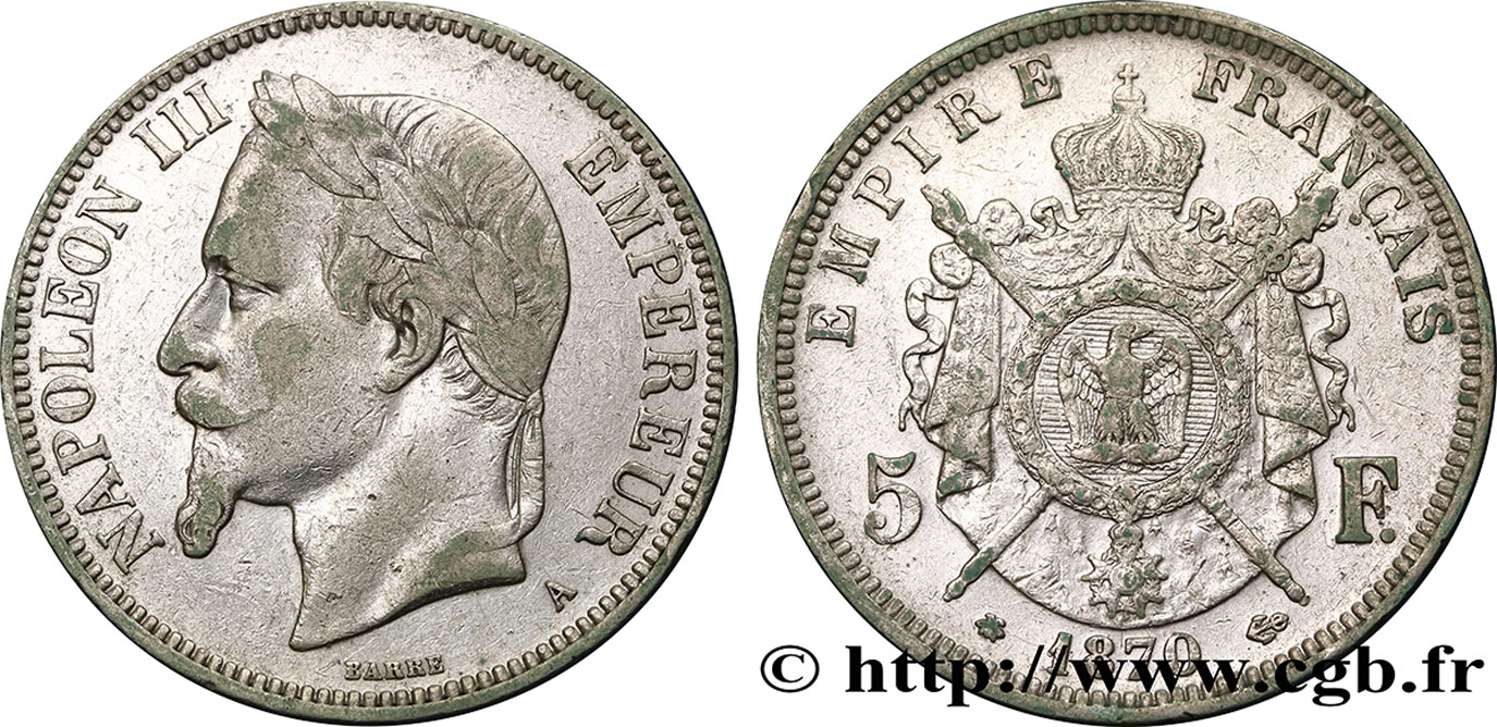 5 francs Napoléon III, tête laurée 1870 Paris F.331/16 VF28 