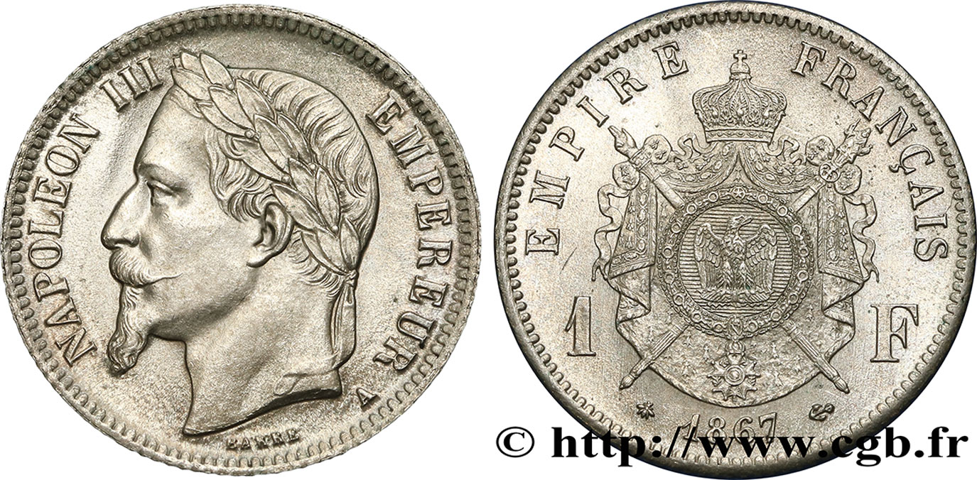 1 franc Napoléon III, tête laurée 1867 Paris F.215/6 SPL63 