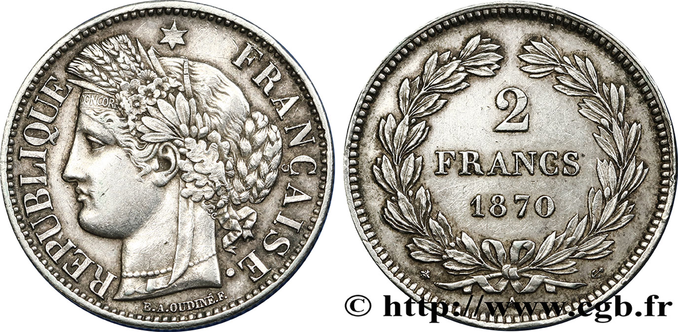 2 francs Cérès, sans légende 1870  Paris F.264/1 TTB50 