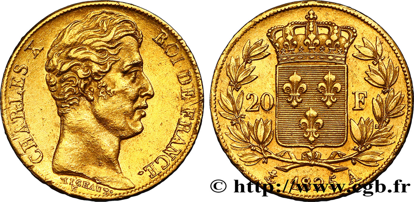 20 francs or Charles X, matrice du revers à quatre feuilles et demie 1825 Paris F.520/1 SPL55 