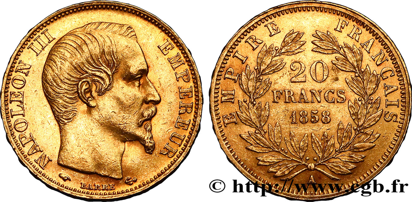 20 francs or Napoléon III, tête nue 1858 Paris F.531/13 SS50 