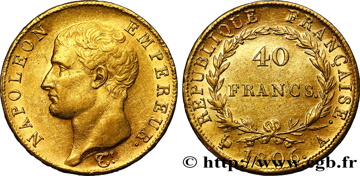 40 francs or Napoléon tête nue, Calendrier grégorien 1806 Paris F.538/1 SS48 