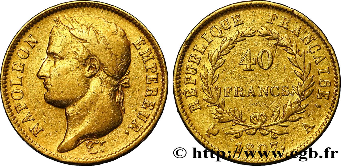 40 francs Napoléon Ier tête laurée, République française 1807 Paris F.540/1 TB35 