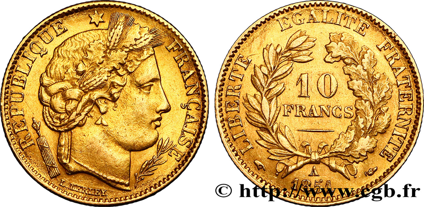 10 francs or Cérès, IIe République 1851 Paris F.504/3 BB50 
