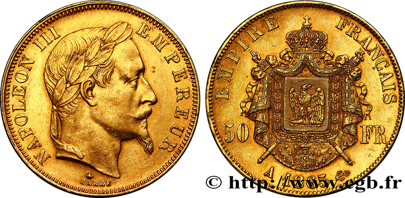 50 francs or Napoléon III, tête laurée 1865 Paris F.548/5 AU50 