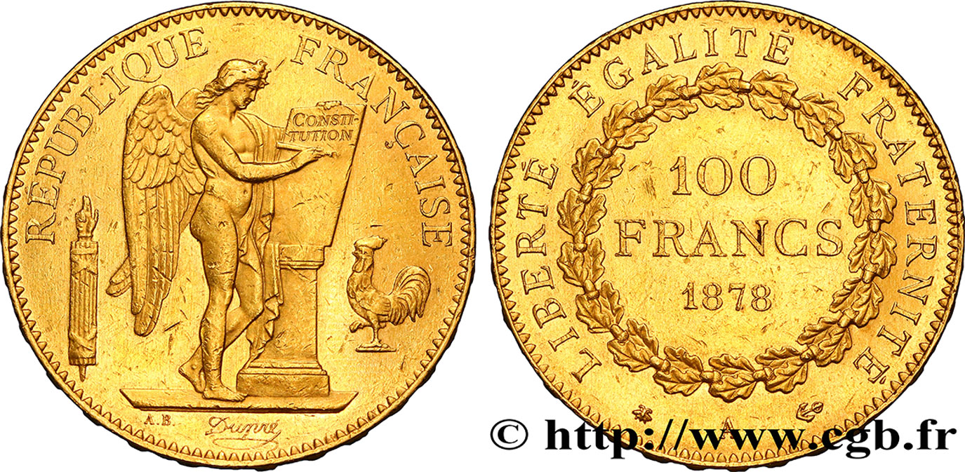 100 francs or Génie, tranche inscrite en relief Dieu protège la France 1878 Paris F.552/1 MBC45 