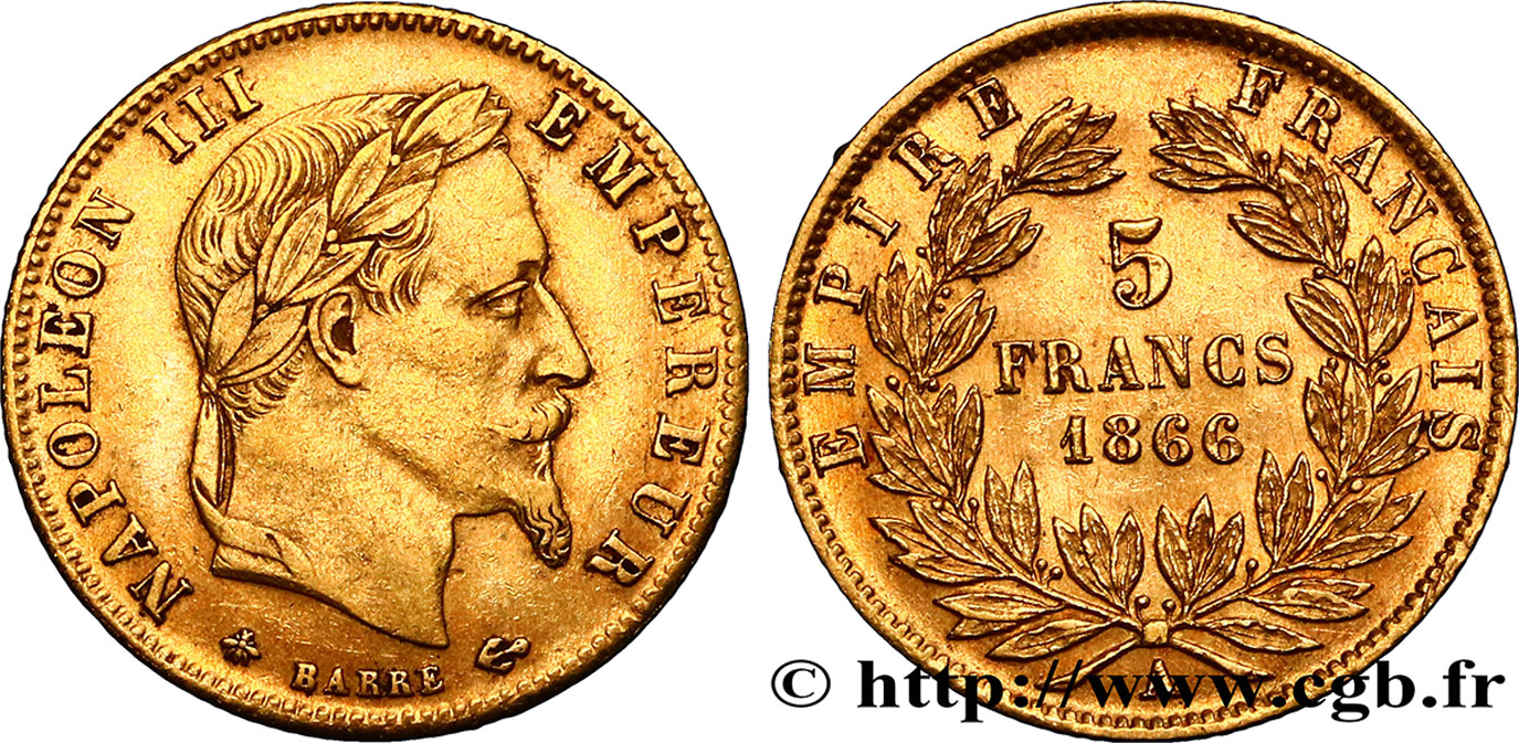 5 francs or Napoléon III, tête laurée 1866 Paris F.502/9 TTB48 