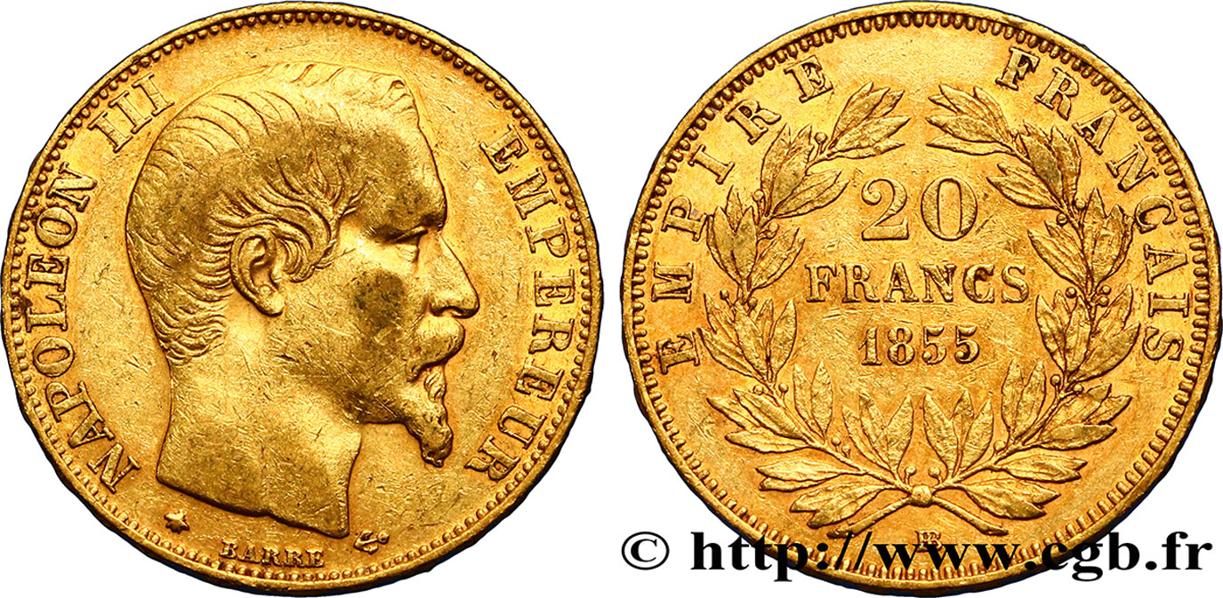 20 francs or Napoléon III, tête nue, différent ancre 1855 Strasbourg F.531/6 S35 