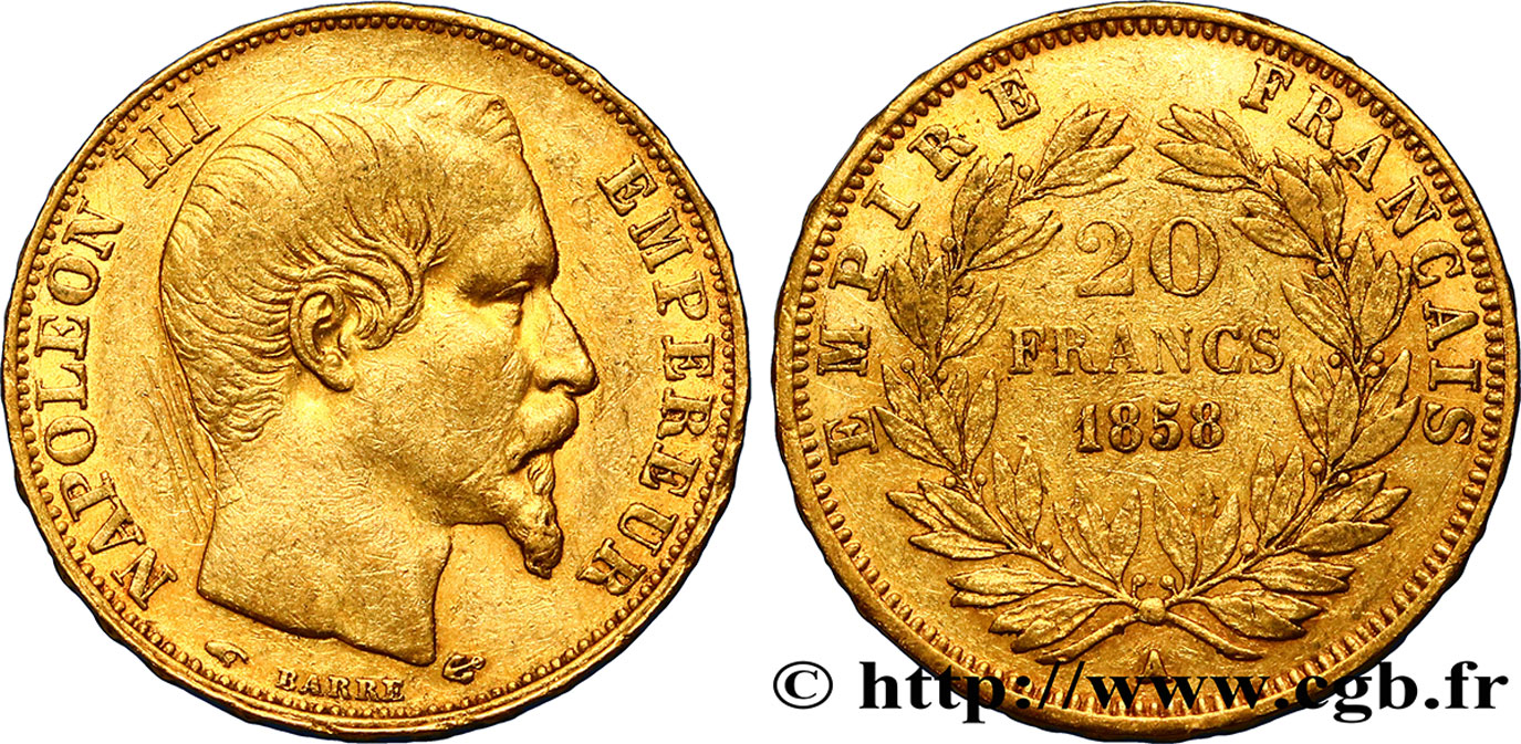 20 francs or Napoléon III, tête nue 1858 Paris F.531/13 BC35 