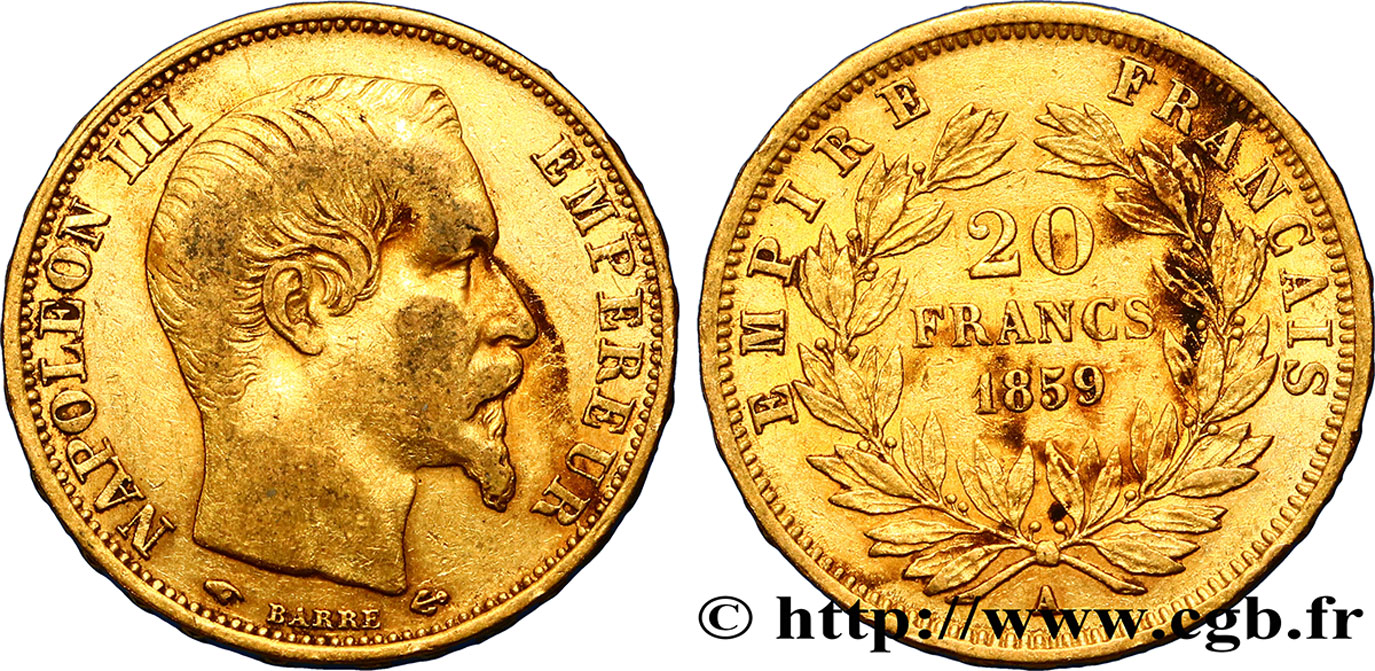 20 francs or Napoléon III, tête nue 1859 Paris F.531/15 TB30 