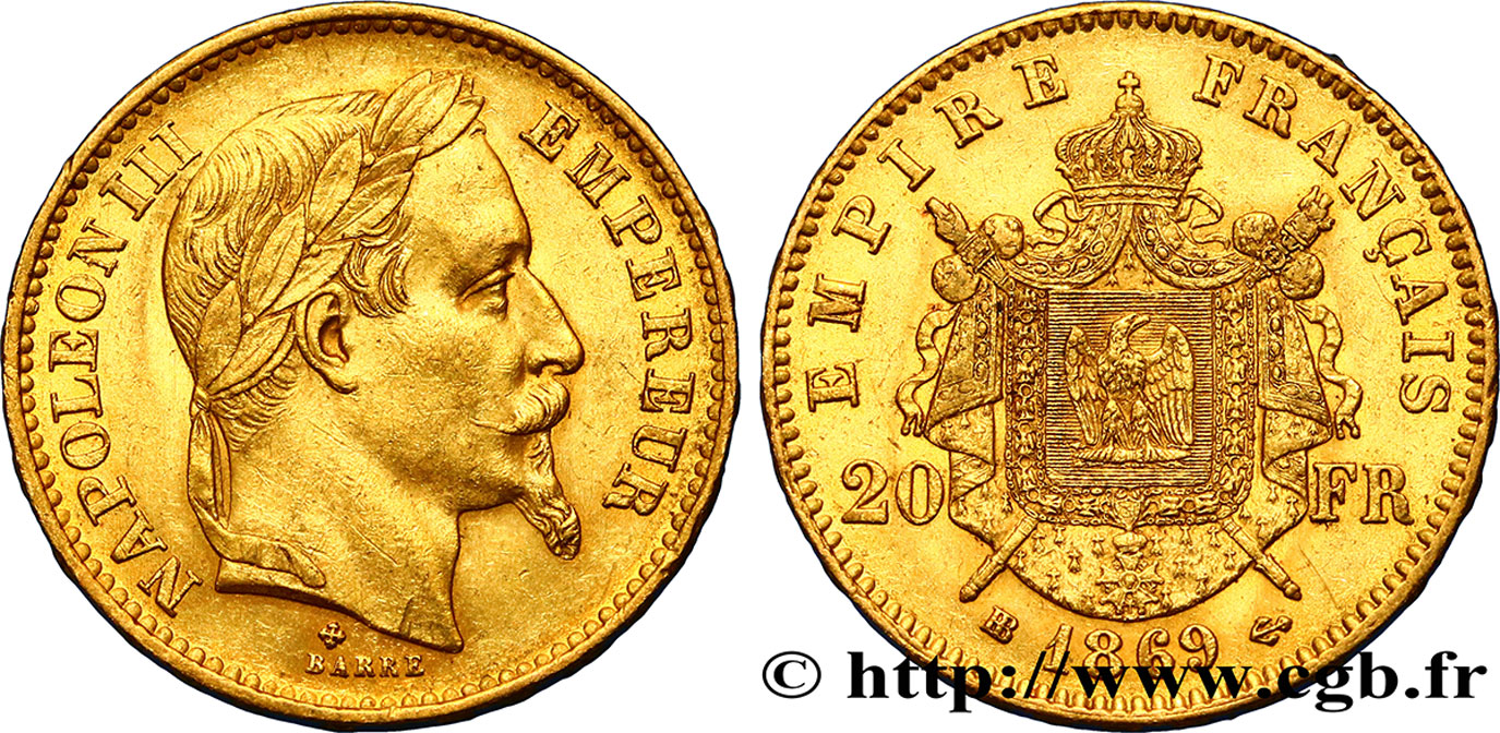 20 francs or Napoléon III, tête laurée, grand BB 1869 Strasbourg F.532/22 SS50 