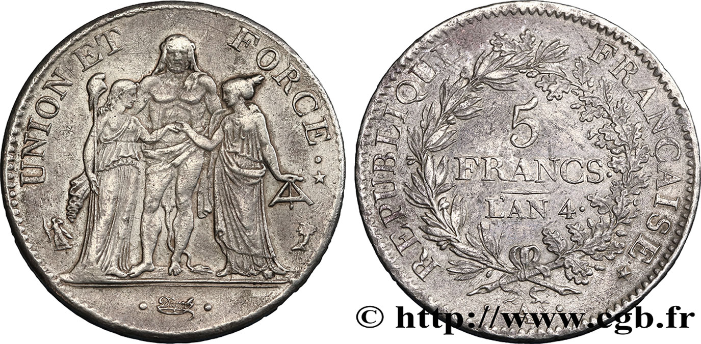 5 francs Union et Force, Union serré, avec glands, listel par virole 1796 Paris F.287/1 MBC45 