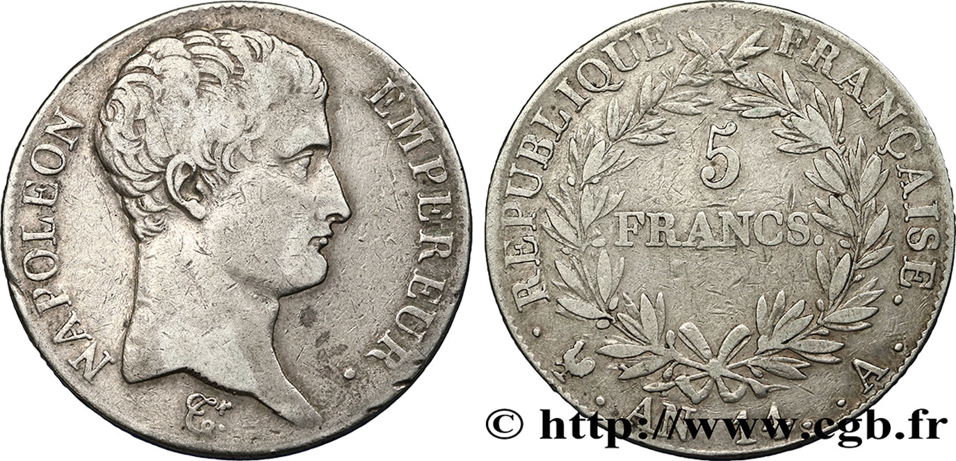 5 francs Napoléon Empereur, Calendrier révolutionnaire 1805 Paris F.303/19 MBC40 