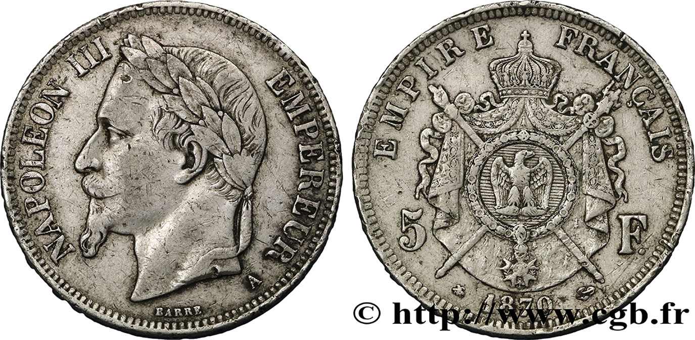 5 francs Napoléon III, tête laurée 1870 Paris F.331/16 S28 