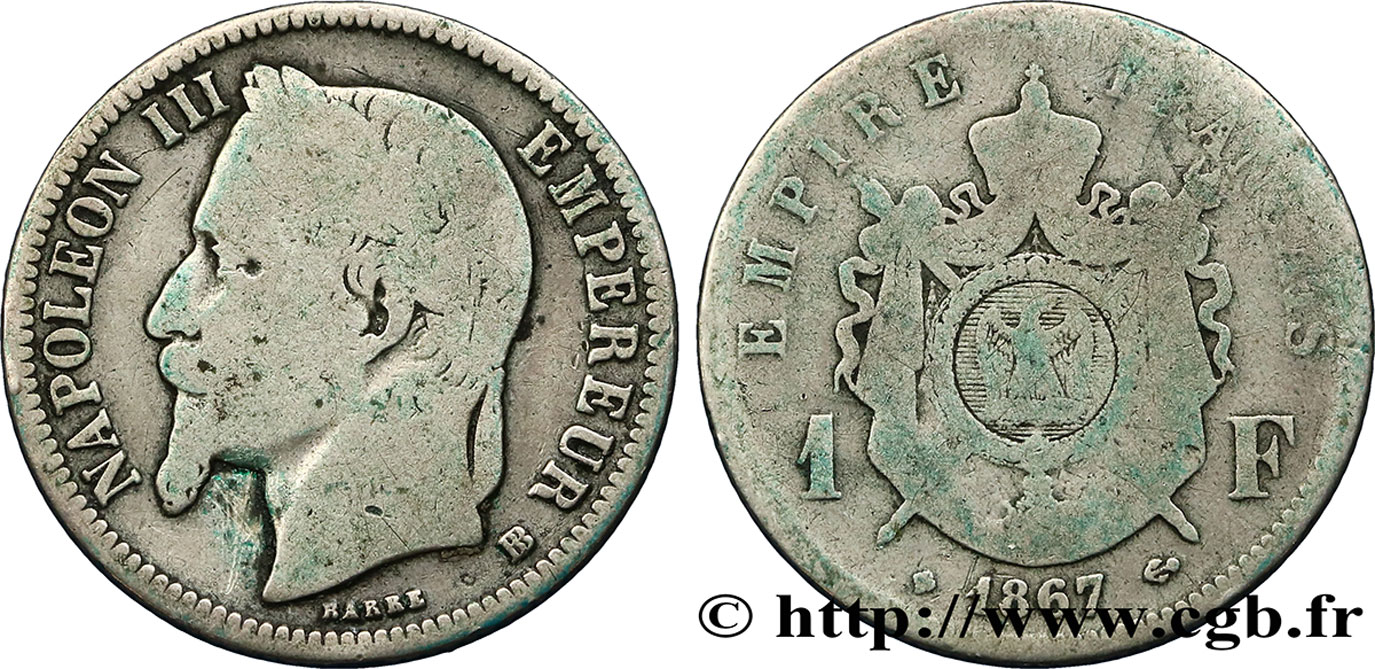 1 franc Napoléon III, tête laurée, grand BB 1867 Strasbourg F.215/8 B10 