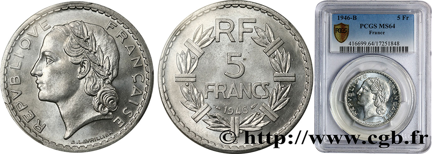 5 francs Lavrillier, aluminium 1946 Beaumont-Le-Roger F.339/7 SC64 PCGS