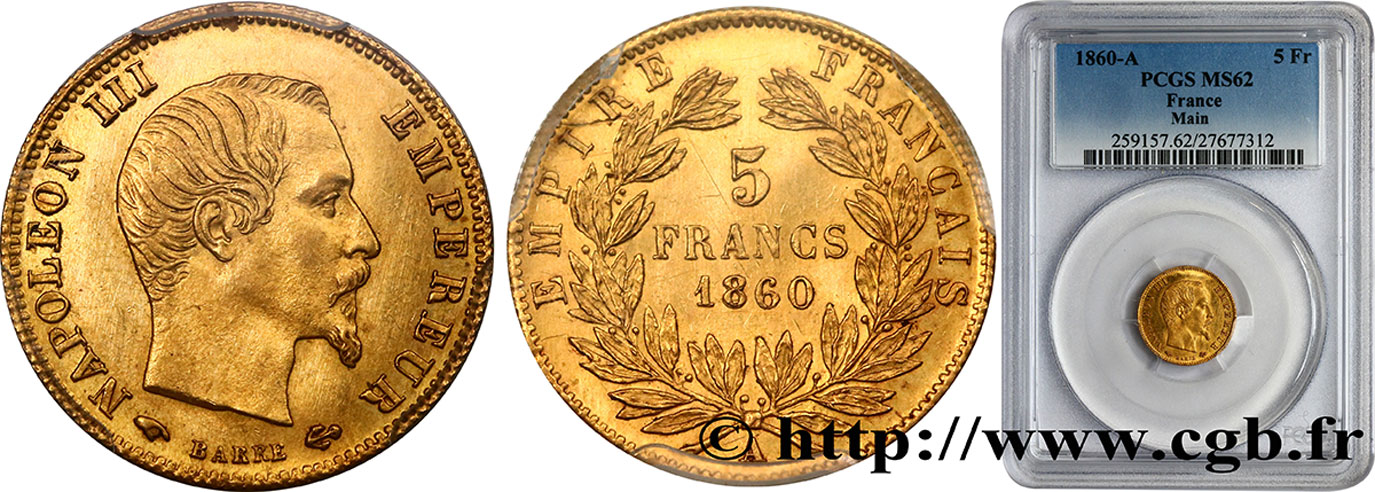 5 francs or Napoléon III, tête nue, grand module 1860 Paris F.501/10 MS62 PCGS