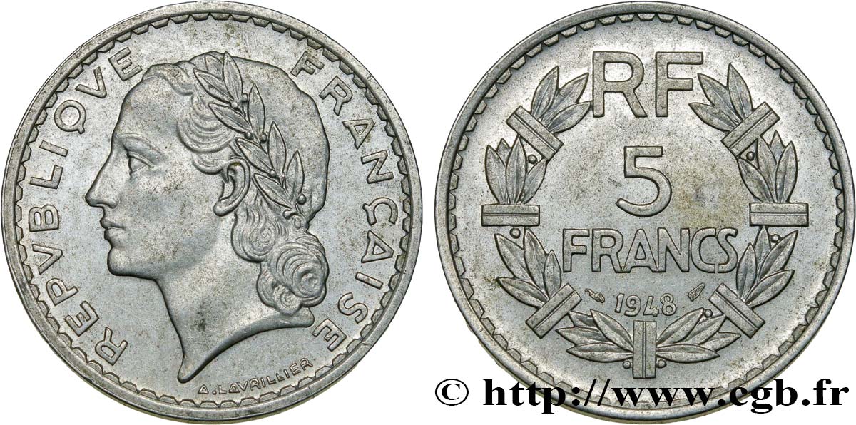 5 francs Lavrillier, aluminium, 9 fermé 1948  F.339/14 SS48 