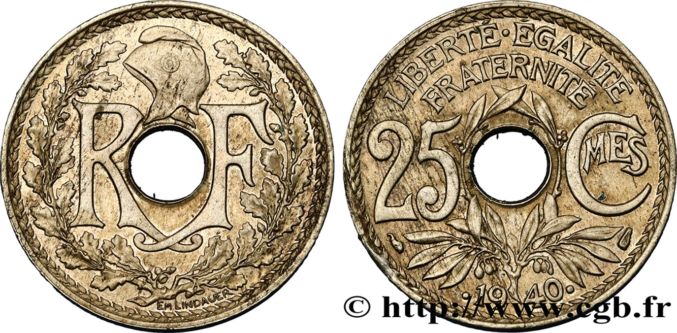 25 centimes Lindauer, maillechort 1940  F.172/4 TTB45 