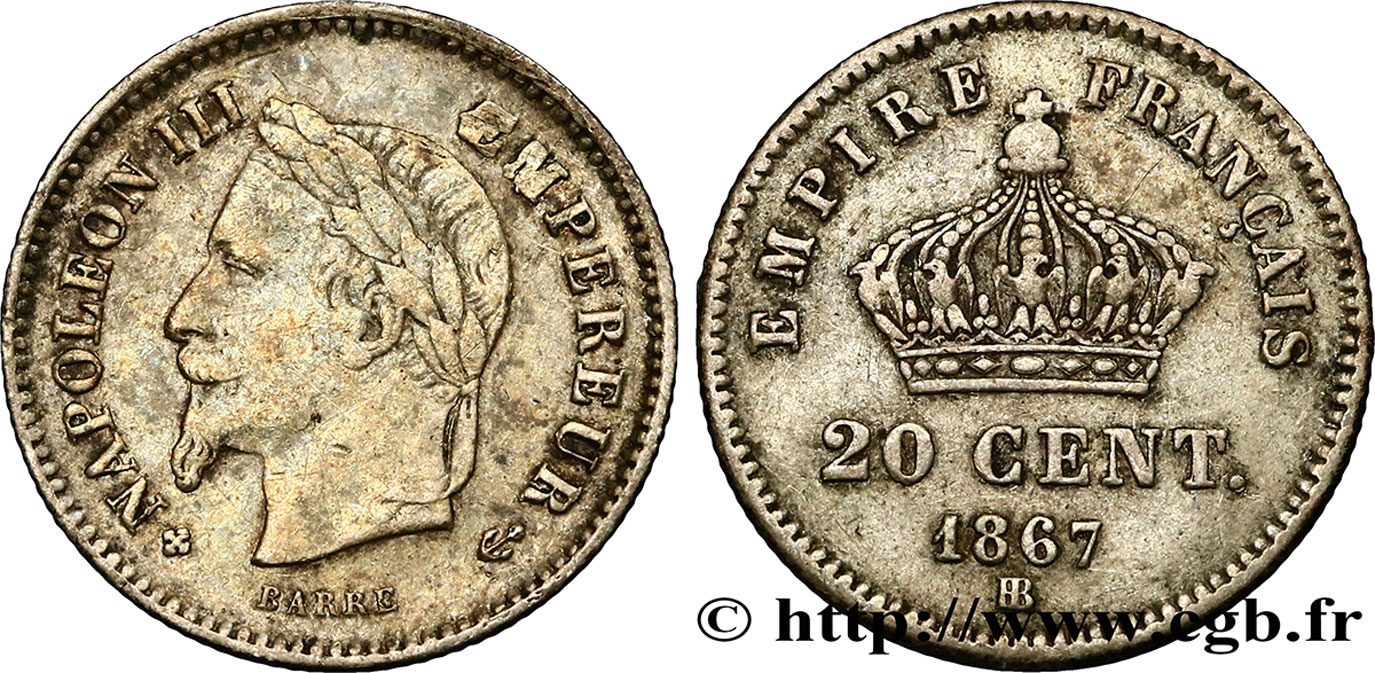 20 centimes Napoléon III, tête laurée, grand module 1867 Strasbourg F.150/2 MBC42 