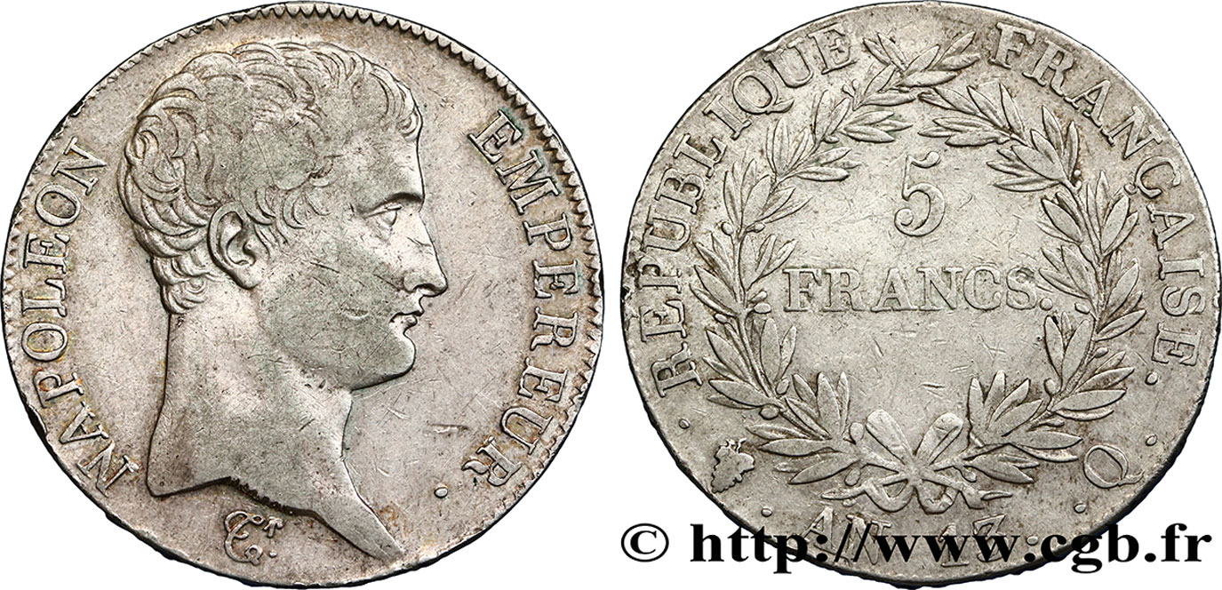 5 francs Napoléon Empereur, Calendrier révolutionnaire 1805 Perpignan F.303/15 TTB40 