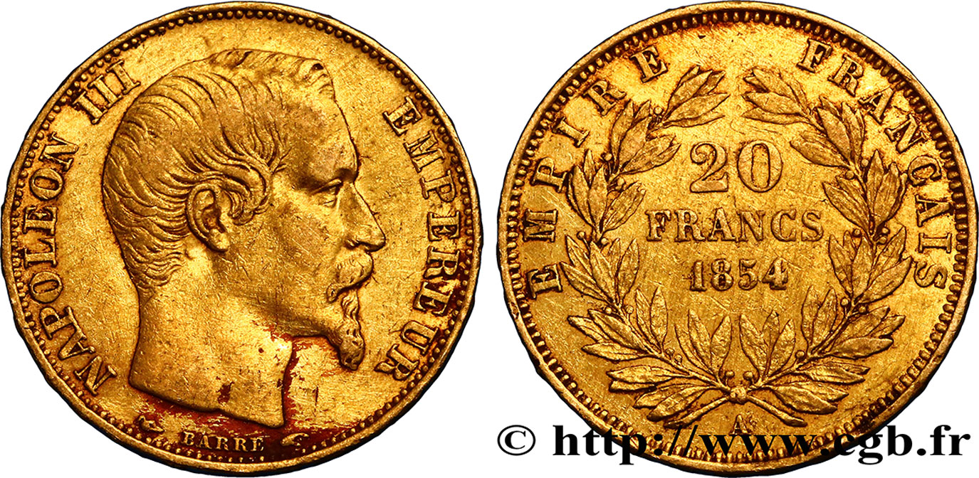 20 francs or Napoléon III, tête nue 1854 Paris F.531/2 TB35 