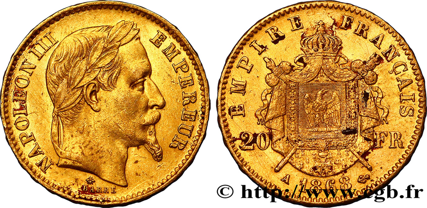 20 francs or Napoléon III, tête laurée 1868 Paris F.532/18 TTB45 