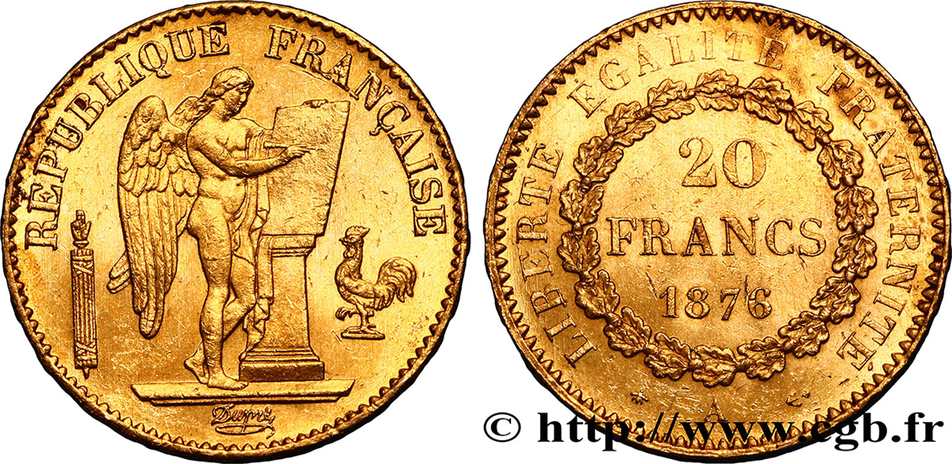 20 francs or Génie, IIIe République 1876 Paris F.533/4 AU50 