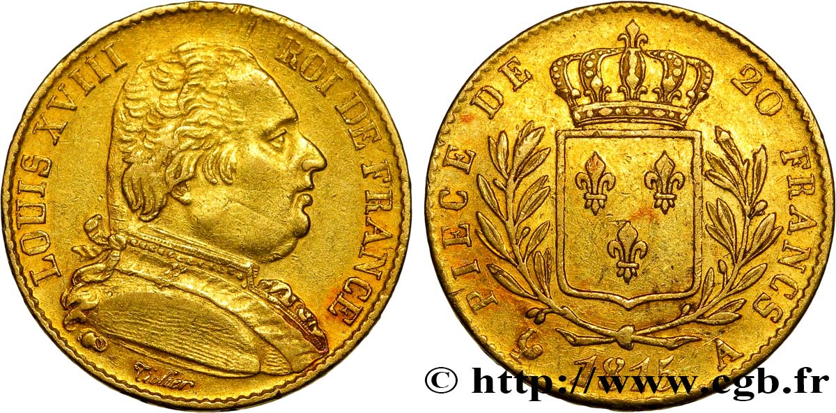 20 francs or Louis XVIII, buste habillé 1815 Paris F.517/10 SS45 
