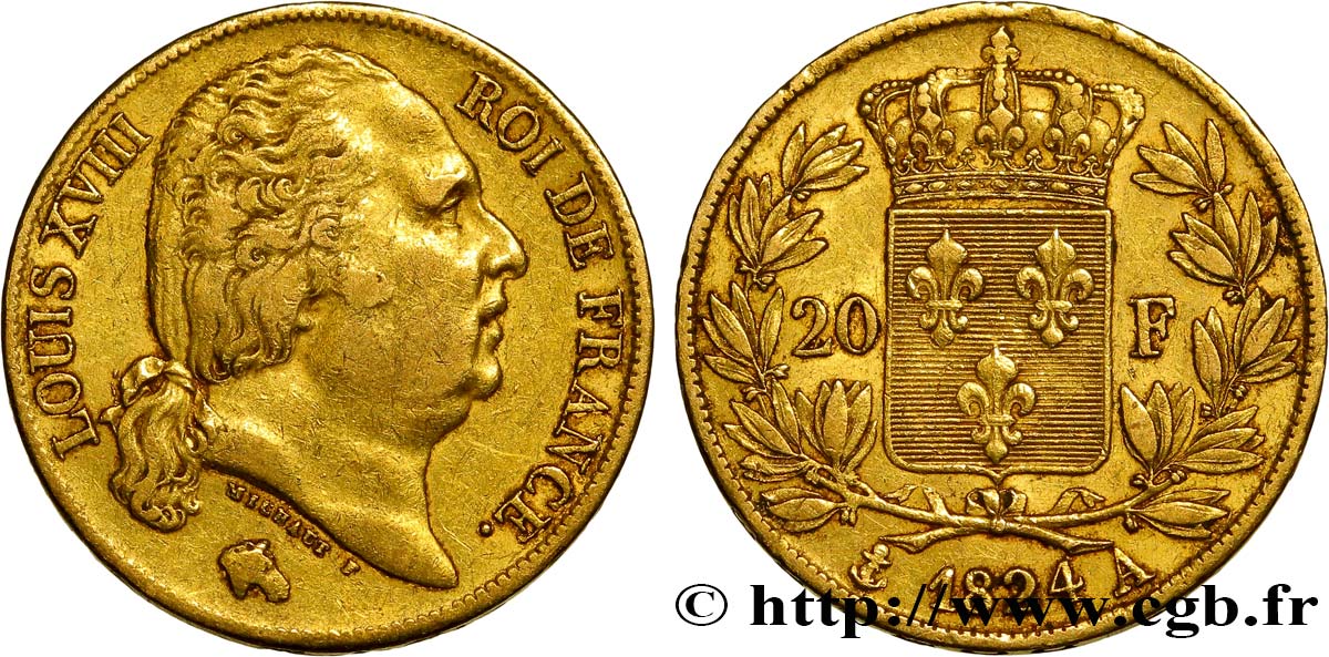 20 francs or Louis XVIII, tête nue 1824 Paris F.519/31 BC35 