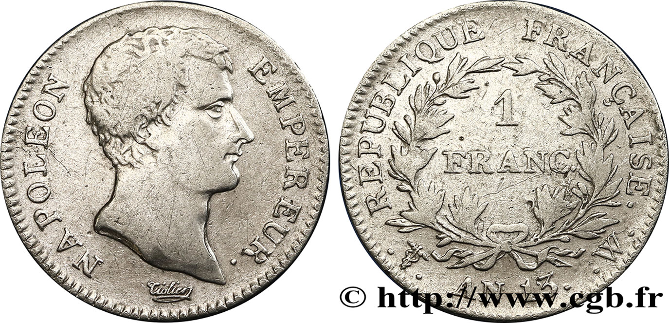 1 franc Napoléon Empereur, Calendrier révolutionnaire 1805 Lille F.201/28 VF30 