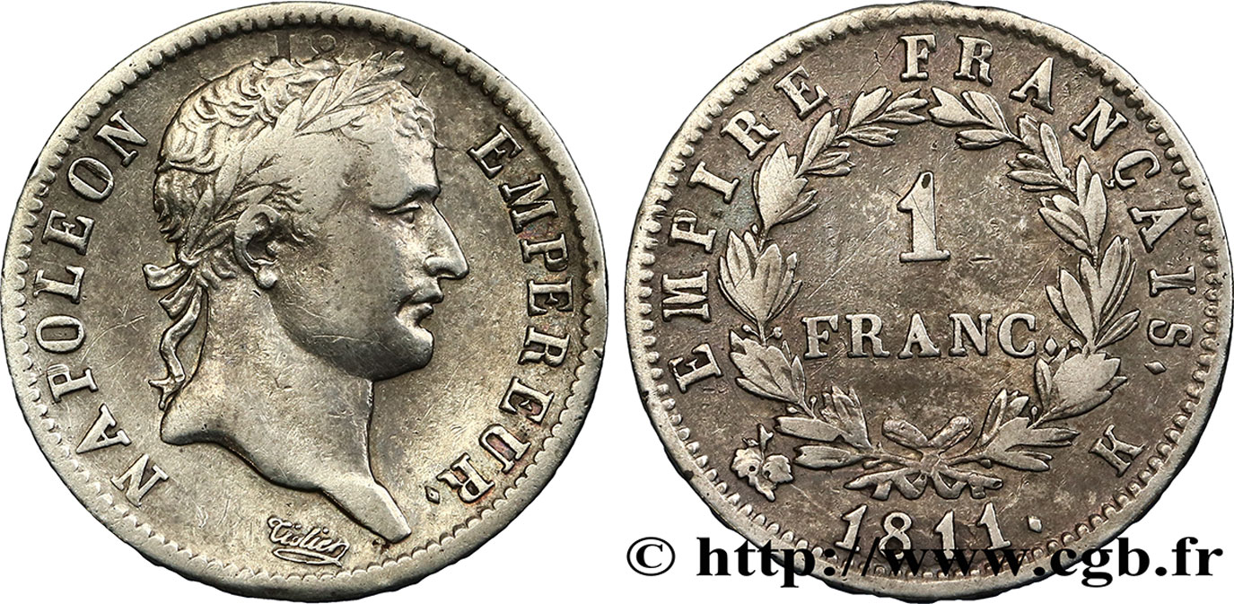 1 franc Napoléon Ier tête laurée, Empire français 1811 Bordeaux F.205/34 S35 