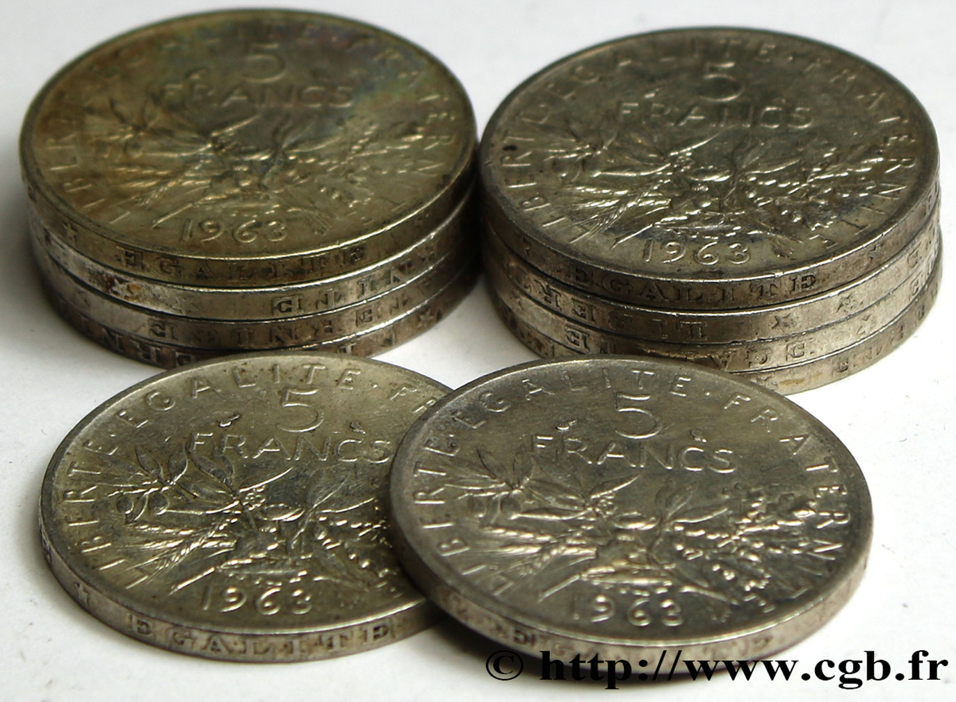 Lot de 10 pièces de 5 francs Semeuse, argent 1963 Paris F.340/7 TTB 