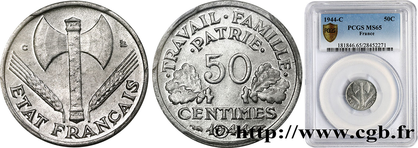 50 centimes Francisque, légère 1944 Castelsarrasin F.196/6 MS65 PCGS
