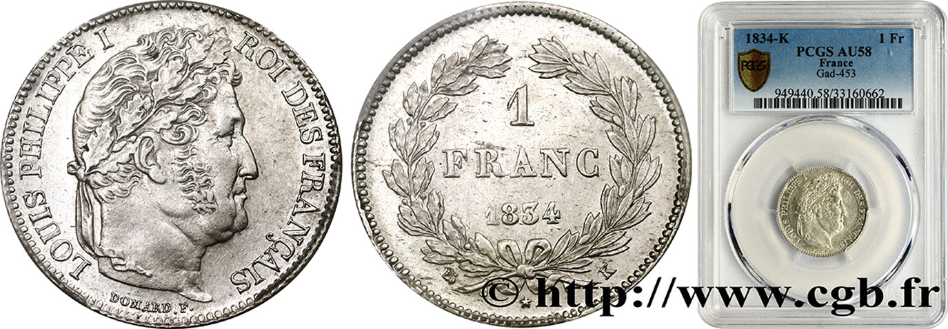1 franc Louis-Philippe, couronne de chêne 1834 Bordeaux F.210/33 AU58 PCGS