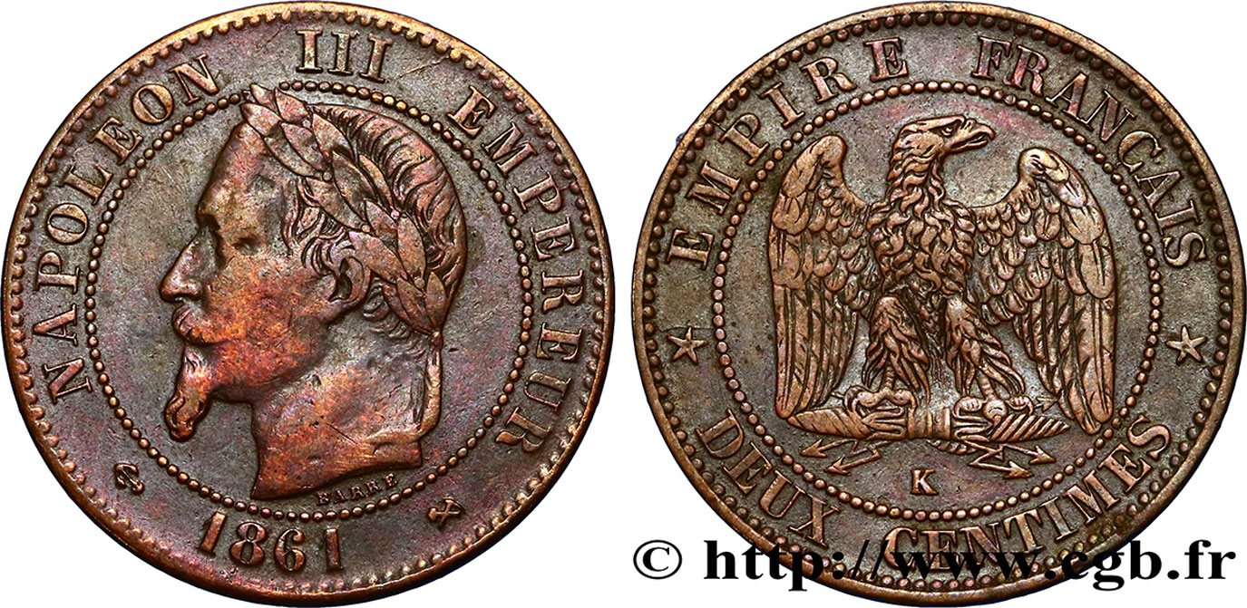 Deux centimes Napoléon III, tête laurée 1861 Bordeaux F.108A/3 VF35 