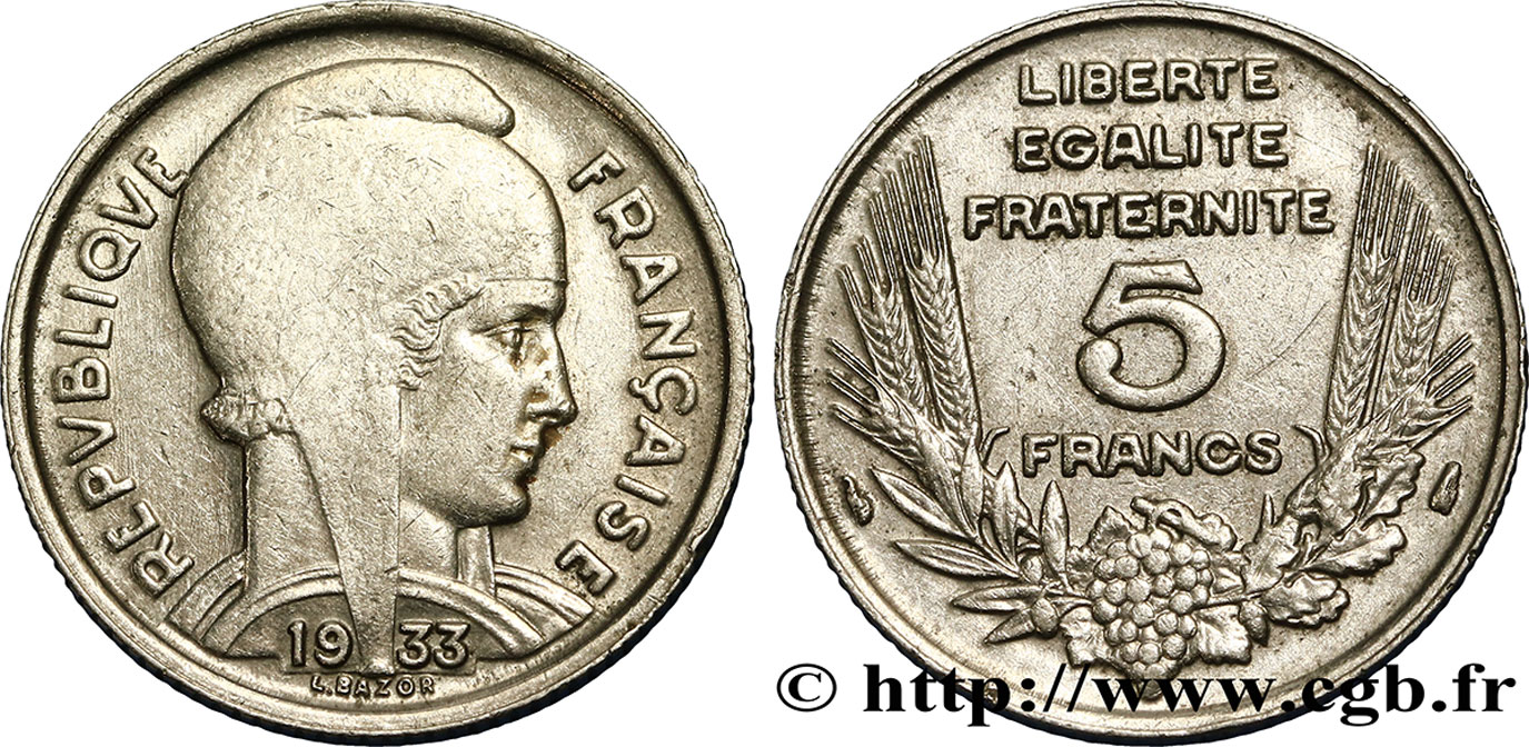 5 francs Bazor 1933  F.335/3 SS50 
