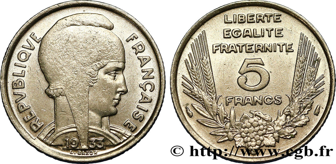 5 francs Bazor 1933  F.335/2 SUP55 