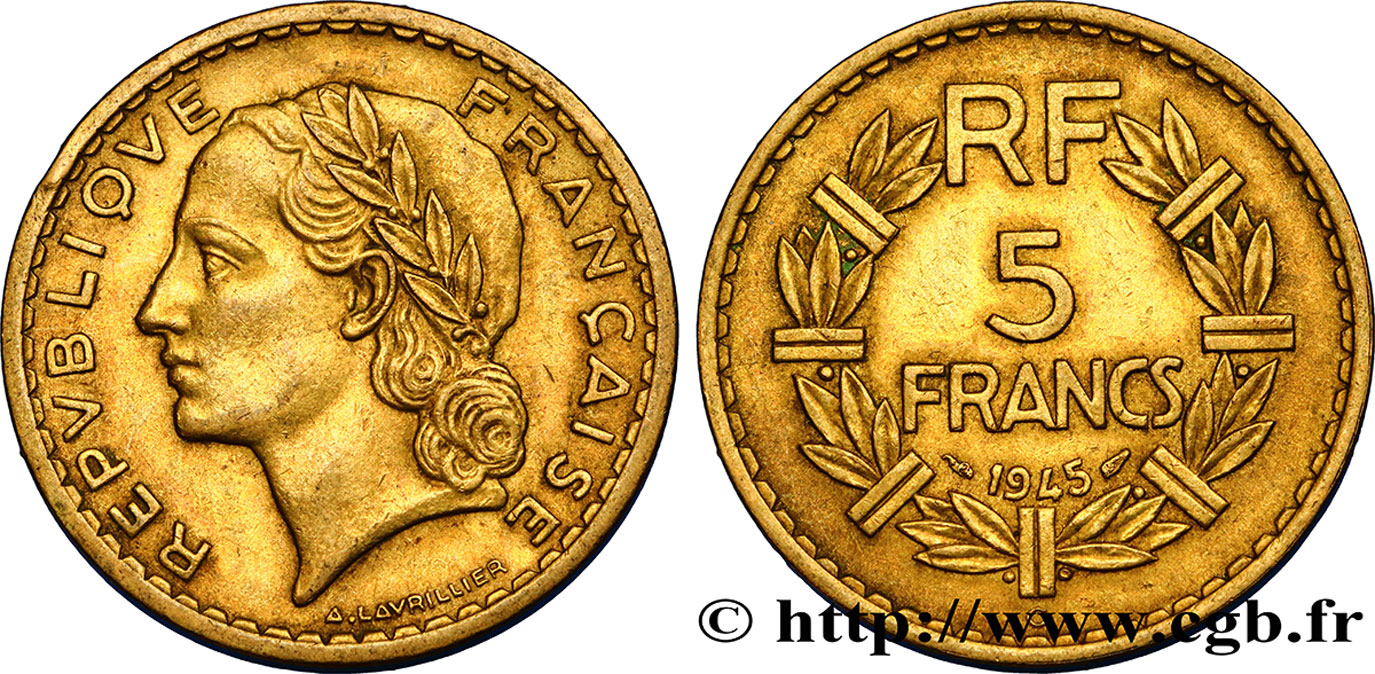 5 francs Lavrillier, bronze-aluminium 1945 Castelsarrasin F.337/6 MBC45 