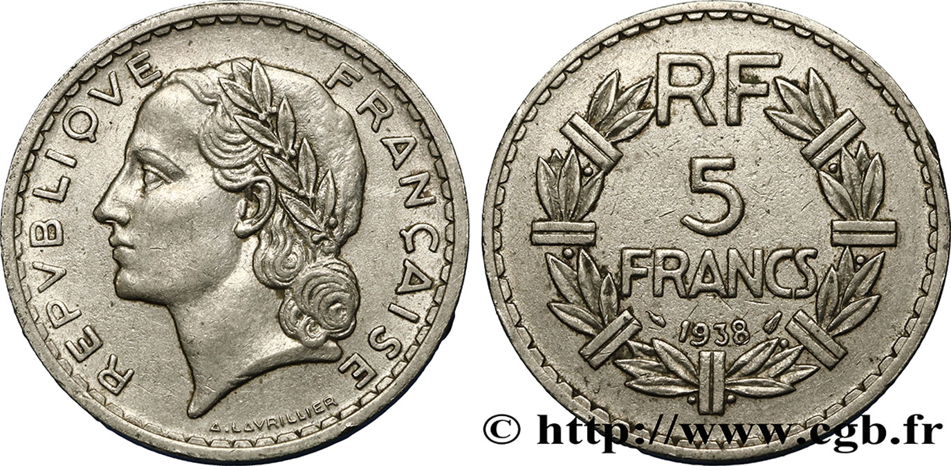 5 francs Lavrillier, nickel 1938  F.336/7 TTB45 