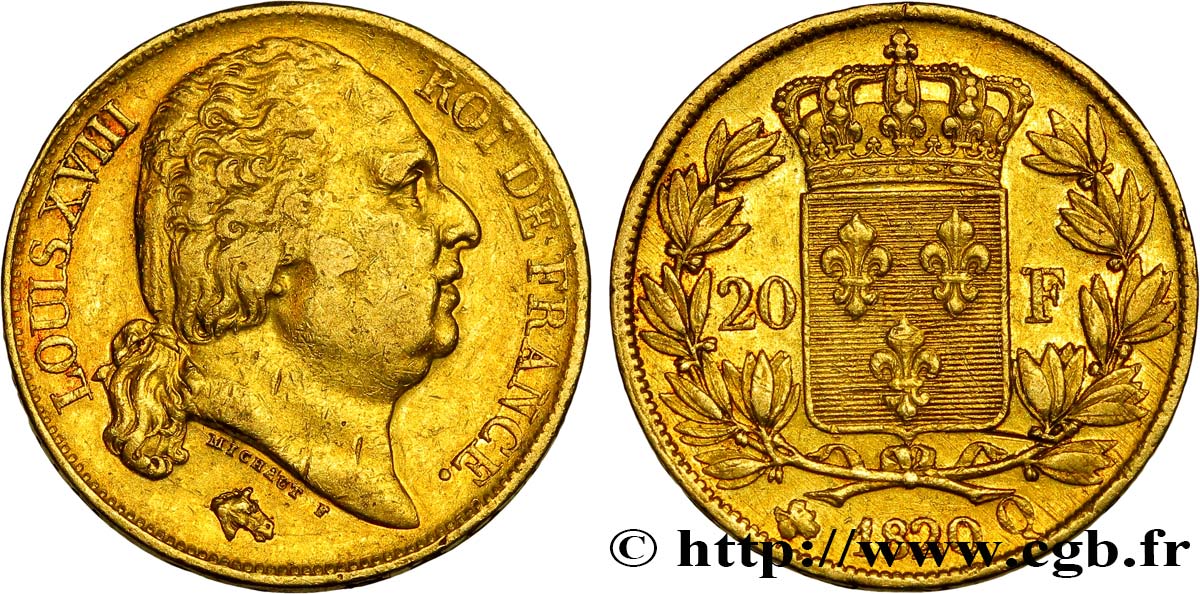 20 francs or Louis XVIII, tête nue 1820 Perpignan F.519/21 TB+ 