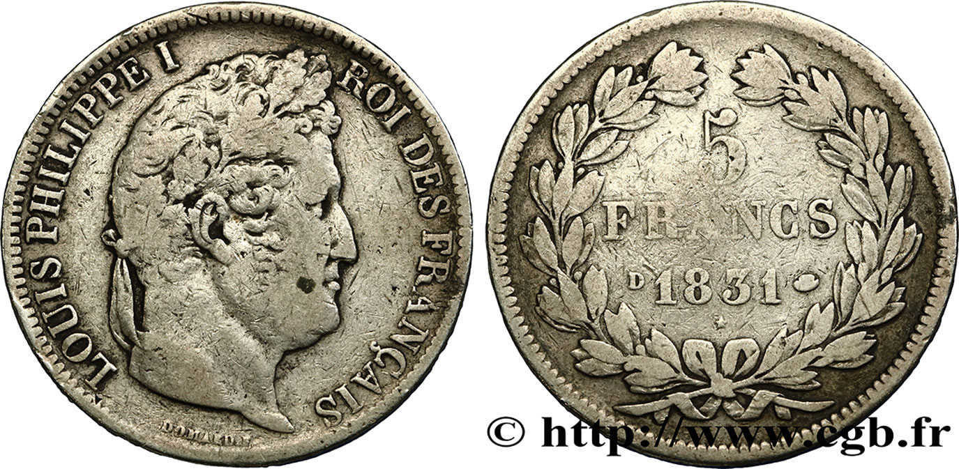 5 francs Ier type Domard, tranche en relief 1831 Lyon F.320/4 BC20 