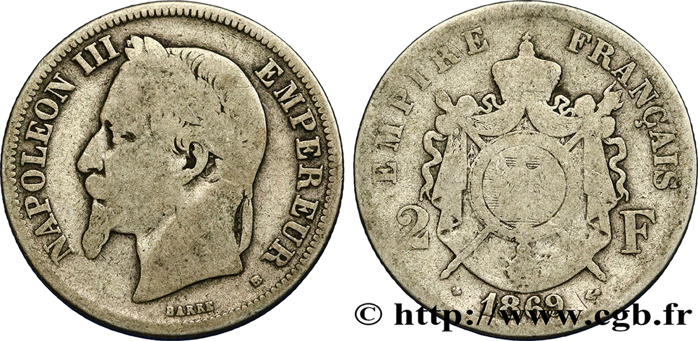 2 francs Napoléon III, tête laurée 1869 Strasbourg F.263/11 VG10 