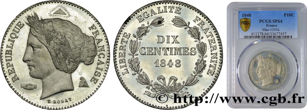 Concours de 10 centimes, essai en étain par Rogat, premier concours, deuxième revers 1848 Paris VG.3152 var. fST64 PCGS