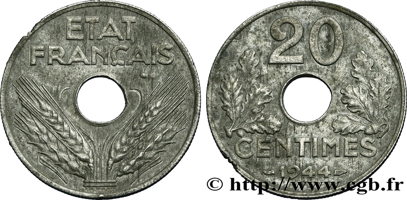 20 centimes État français, légère 1944  F.153A/2 VF30 