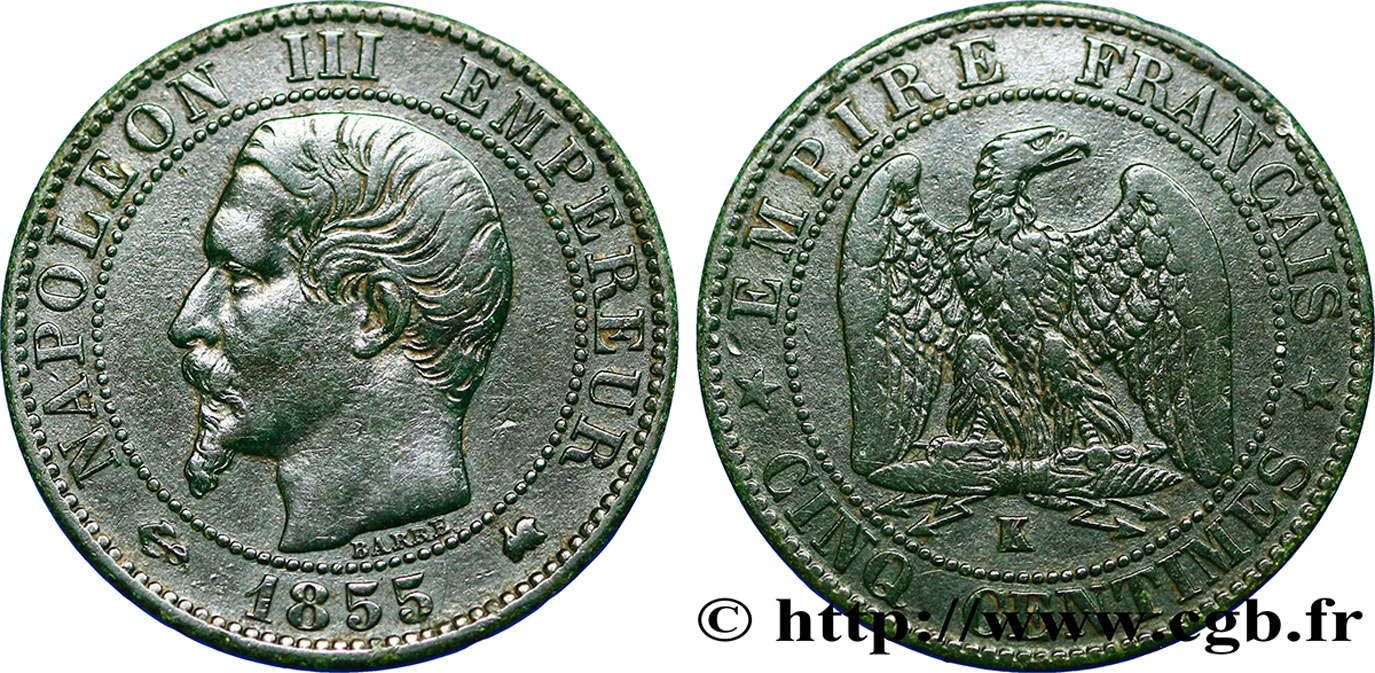 Cinq centimes Napoléon III, tête nue 1855 Bordeaux F.116/25 SS40 