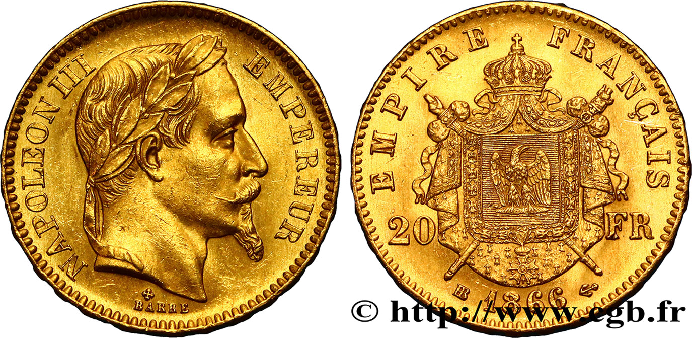 20 francs or Napoléon III, tête laurée 1866 Strasbourg F.532/14 AU58 