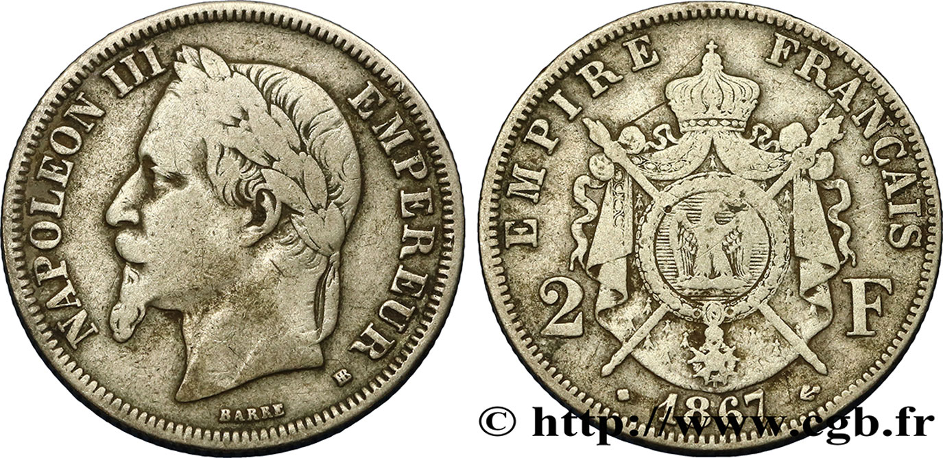 2 francs Napoléon III, tête laurée 1867 Strasbourg F.263/6 MB15 